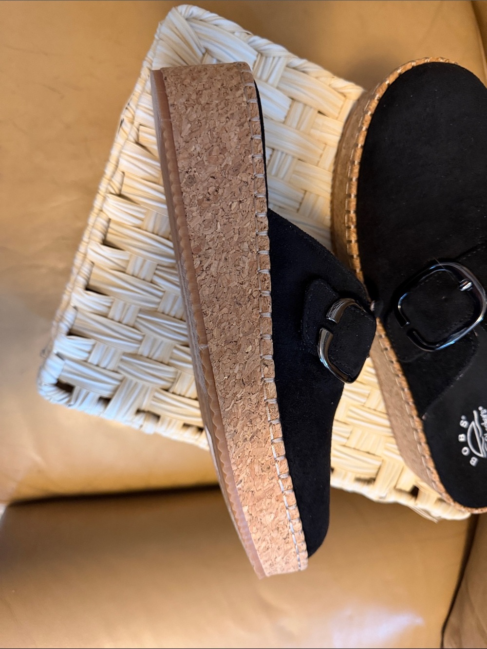 BAMBOO Black Suede Platform Mule with Buckle Accent